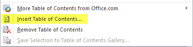 Image shows the Table of Contents list of Options with Insert Table of Contents... selected
