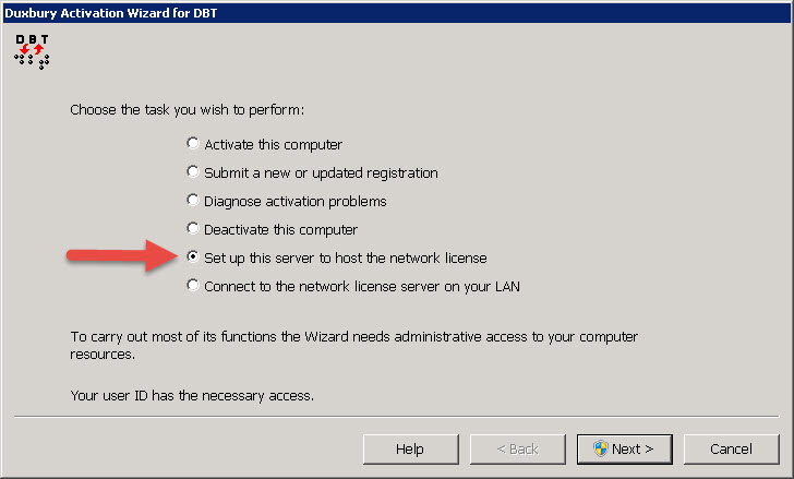 Activation Wizard dialog with Radio Button, "Set up this server to host the Network license" selected