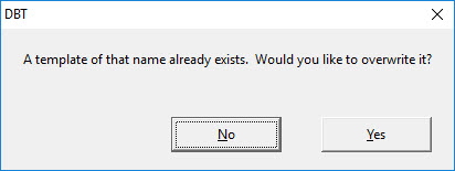 Image shows warning dialog that a template of that name already exists.