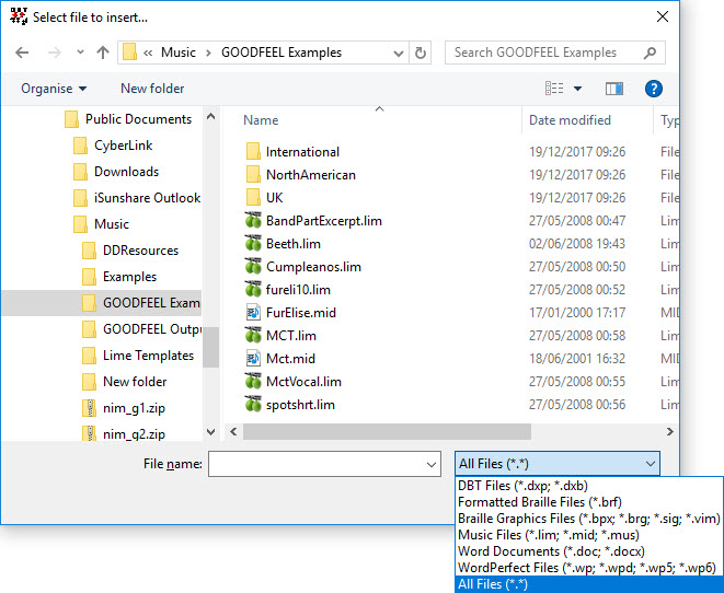 Image shows the "Select file to import" dialog, and in this example Musiuc files have been selected from the "Files of type:" drop down selecdtion list.