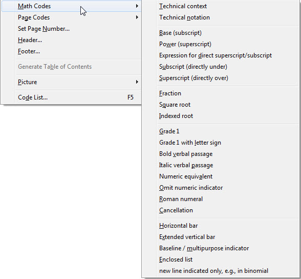 Image shows drop down Layout menu with Math Codes sub-menu
