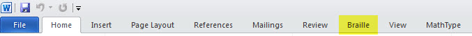 Image shows location of "Braille" in Word's ribbon.