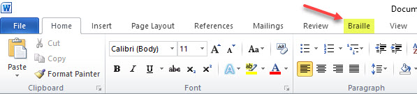 Word Ribbon showing location of the Braille Tab