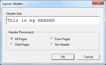 Image shows the Layout: Header dialog.