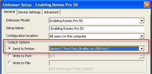 Image shows DBT's Global Embosser Setup dialog where Output Option radio button is check, and Generic/Text only printer is selected.