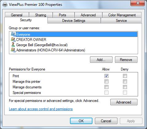 Viewplus properties dialig with Security tab in view