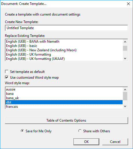 Image shows the Create Template dialog with arfrow pointing at "Table of Contents Options" button.