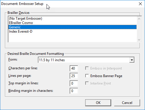 Image shows Document Embosser Setup dialog (As opposed to the Global: Embosser Setup)