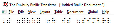 Image shows a translated line of braille dots using the Simbraille font