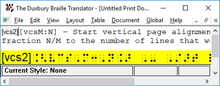 Image shows a text file with codes showing and the translated line below displaying the Simbraille font.