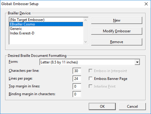 Image shows main Global: Embosser Setup dialog.