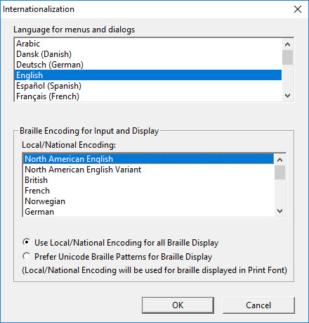 Image shows Internationalization dialog with Language for menus and dialogs and braille code for display.