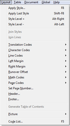 Image shows Layout drop down menu.