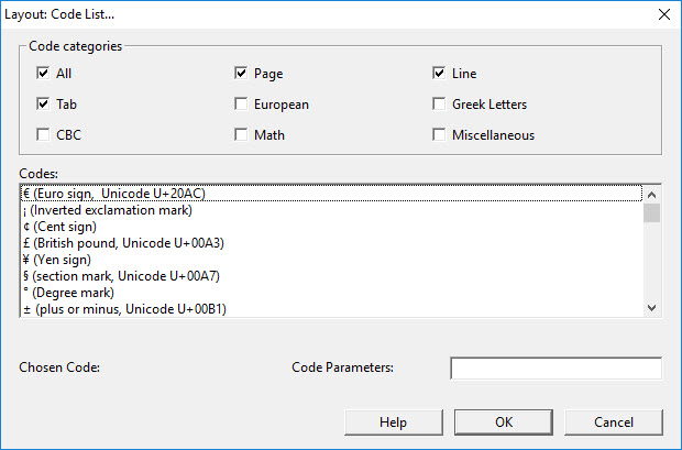 image of Layout: Code List... dialog
