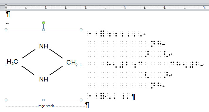 Image showing both print and Simbraille and spaces have been used to correctly align the braille.