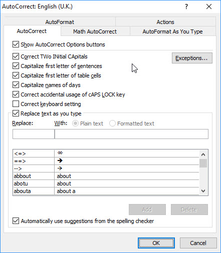 Slika - AutoCorrect - AutoText Control Tab dijalog koji pokazuje polje za potvrdu, označeno je "Show Autocomplete tip for AutoText and Dates".