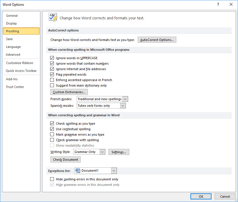 Image shows AutoFormat dialog. The options button is to the right of the OK and Cancel buttons