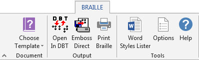 Content of the basic Braille ribbon which appears in Word