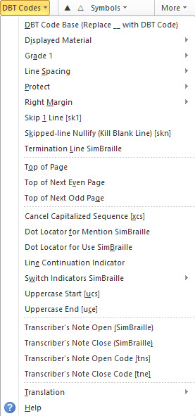 DBT Codes Menu for BANA UEB template