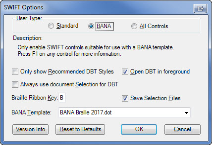 SWIFT's Options dialog