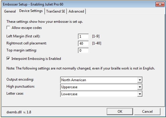 Image of embosser settings dialog