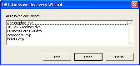 Image shows the DBT Autosave Recovery Wizard listing Autosaved documents..