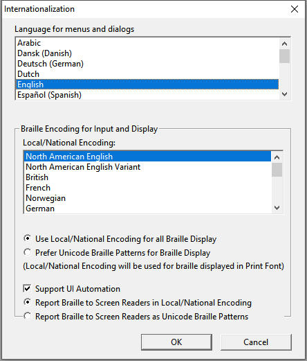 Image shows Internationalization dialog with Language for menus and dialogs and braille code for display.