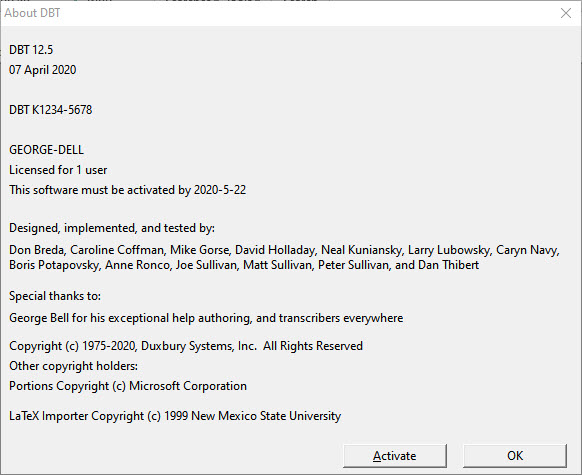 Image shows the Help: About DBT screen. If you need to contact Duxbury for Technical Suport, you will be asked for your Version, Date, License Number all of which are contained inthis dialog