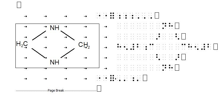 Image showing both print and Simbraille and with Word's Show/Hide turned on. Tabs can be seen which distort the positioning of the braille.