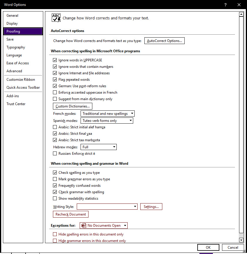 Image shows AutoFormat dialog. The options button is to the right of the OK and Cancel buttons