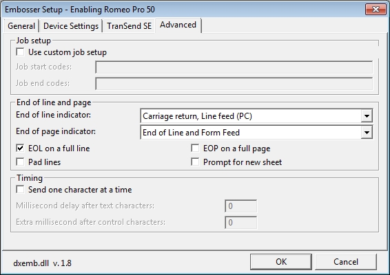 Image shows Global Embosser Setup, Advanced Dialog.