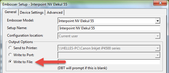 image shows DBT's Embosser Setup General Tab with Write to file Radio Button activated