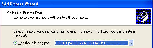 Image shows the Word initial Add Printer Wizard asking for selection of Port.