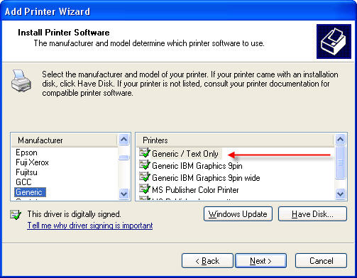 Image shows the Word Add Printer Wizard where selection of Make and Model can be done.