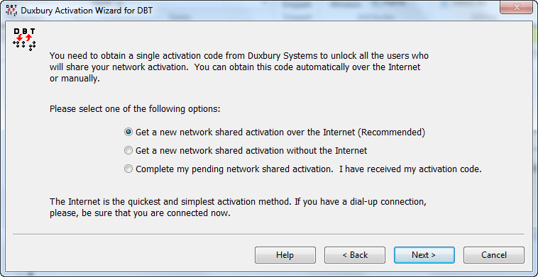 Image shows the three radio button options available forobtaining a network activation code.