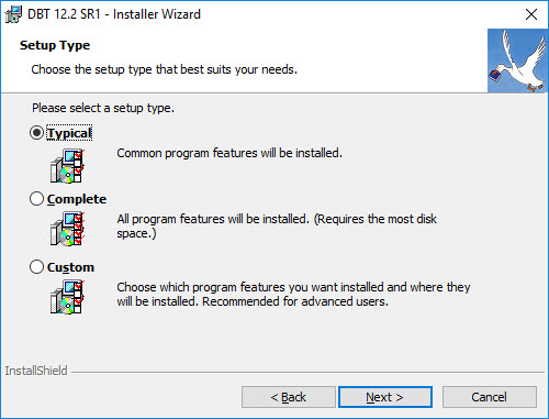 Image shows Installer Wizard with Radio Buttoms to select Typical, Complete or Custom installation