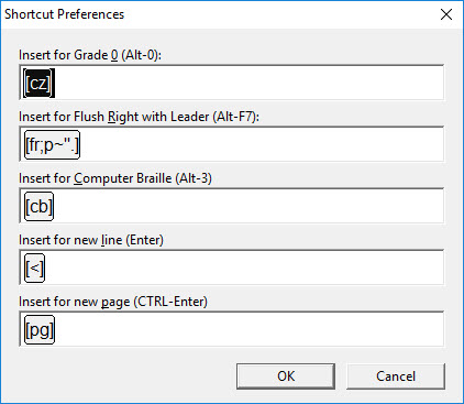 Images shows the Global: Shortcut Preferences dialog populated as follows.
