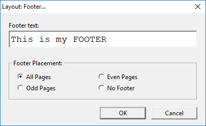 image shows Layout: Footer dialog.