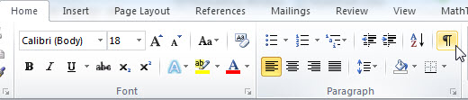 image of Word's ribbon showing where the show/hide Pilcrow sign is located.