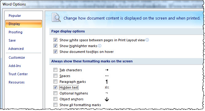 Word 2007/2010/2013 Options Display dialog with Hidden text checked