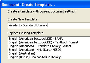 Image shows a section of the Document: Create Template doalog