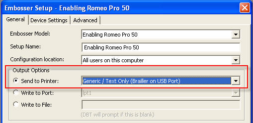 DBT's Embosser Setup showing Outpt Options where "Send to Printer" Radio button is selected.