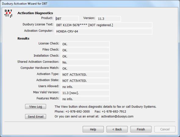 Image shows basic diagnostic details which will be sent to technical support at Duxbury