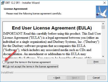 End User License Agreement with accept or reject radio buttons showing