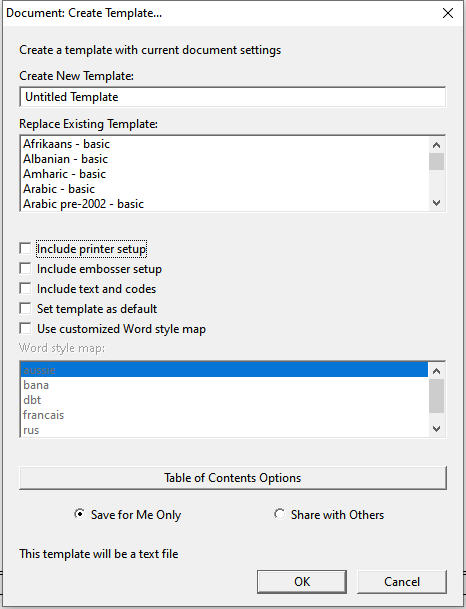 Image shows the Create Template dialog with arrow pointing at "Table of Contents Options" button.