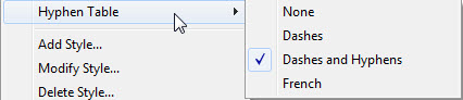 Image shows Hyphen Table menu option with sub-menu displayed.