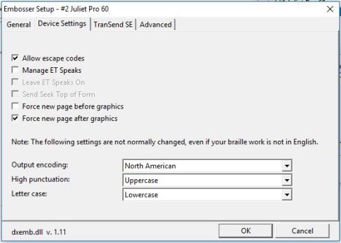 Image of embosser settings dialog