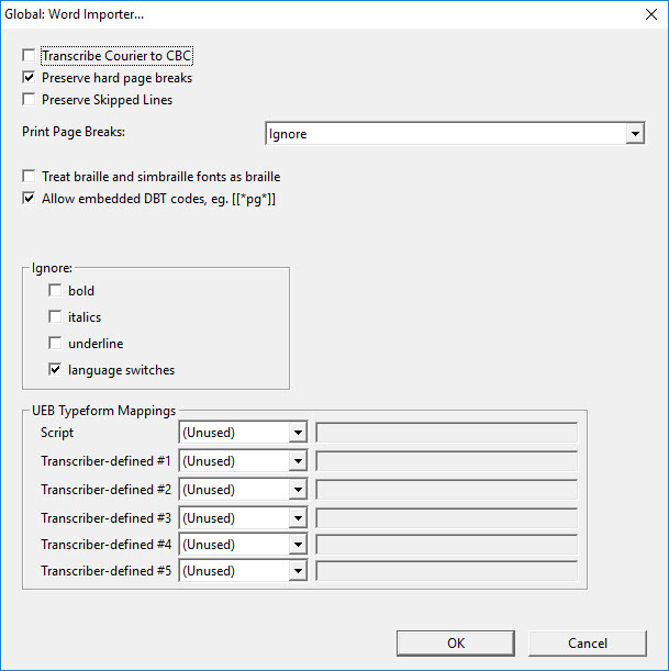 Image shows the Global: Word Importer dialog.