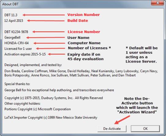 Image shows the Help: About DBT screen. If you need to contact Duxbury for Technical Suport, you will be asked for your Version, Date, License Number all of which are contained inthis dialog