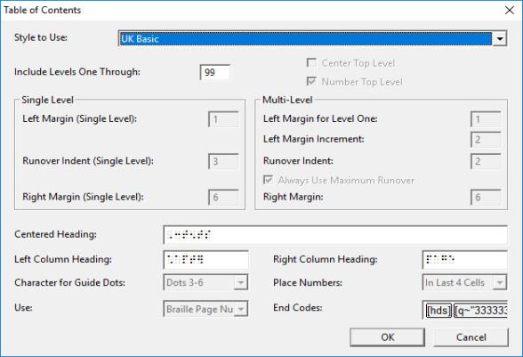 Image shows the Layout, Table of Contents dialog.
